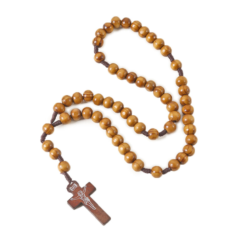 Rosary beads with a wood grain pattern