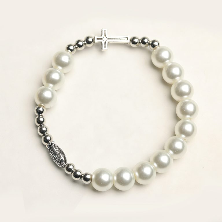 Glass Pearl Our Lady Cross Bracelet