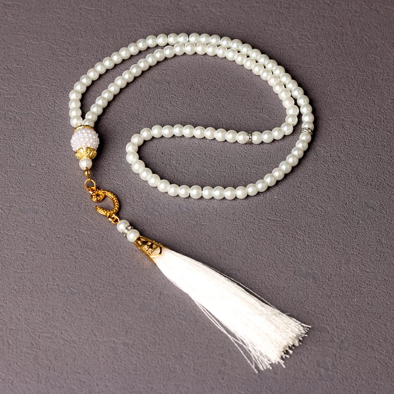 Pearl Tasbih - 99-bead prayer rosary with gold accents and white tassel