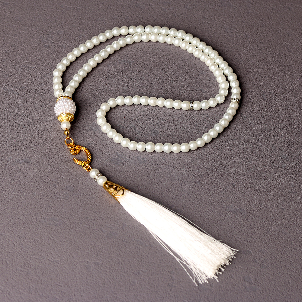 Pearl Tasbih - 99-bead prayer rosary with gold accents and white tassel