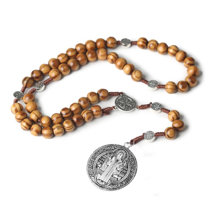Pine Wood Catholic Rosary – Our Lady, St. Benedict & Jesus