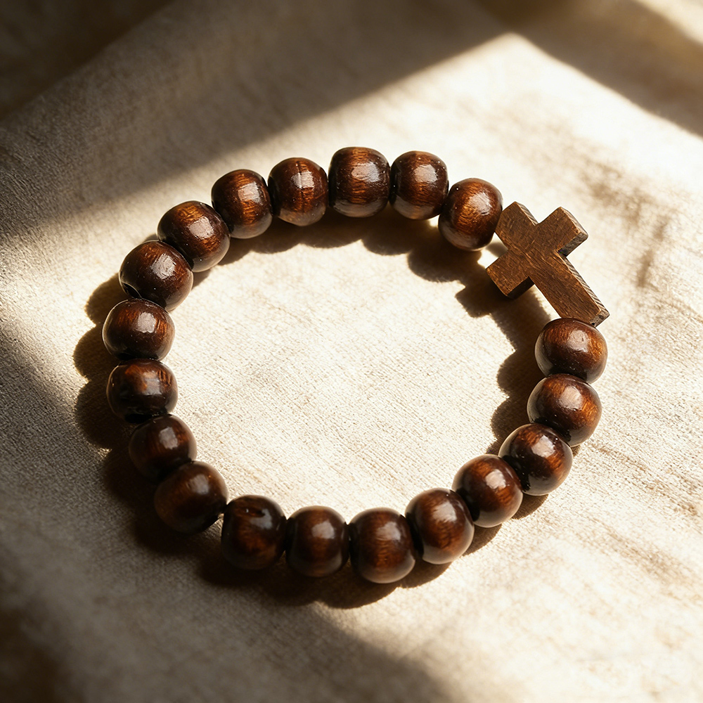 Wood Bead Cross Bracelet - Catholic Christian Prayer Gift