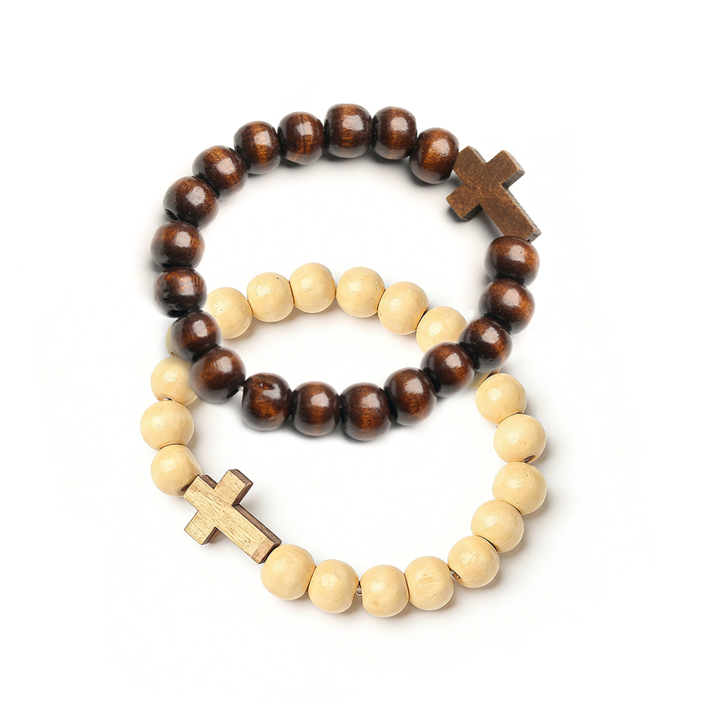 Wood Bead Cross Bracelet - Catholic Christian Prayer Gift