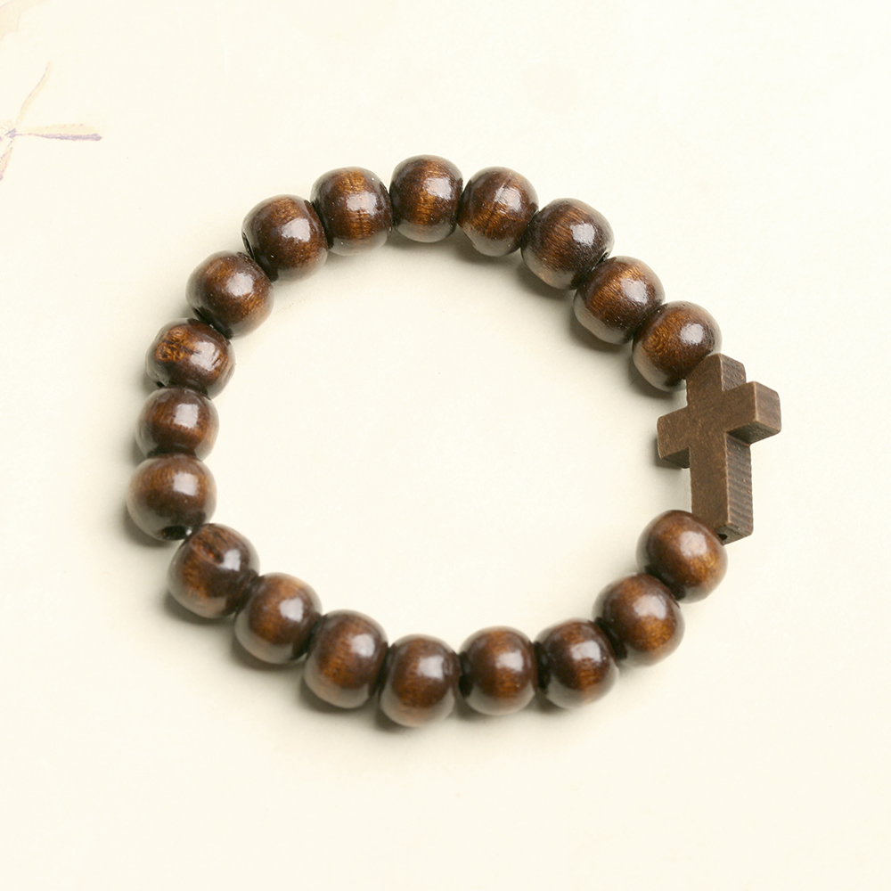 Wood Bead Cross Bracelet - Catholic Christian Prayer Gift