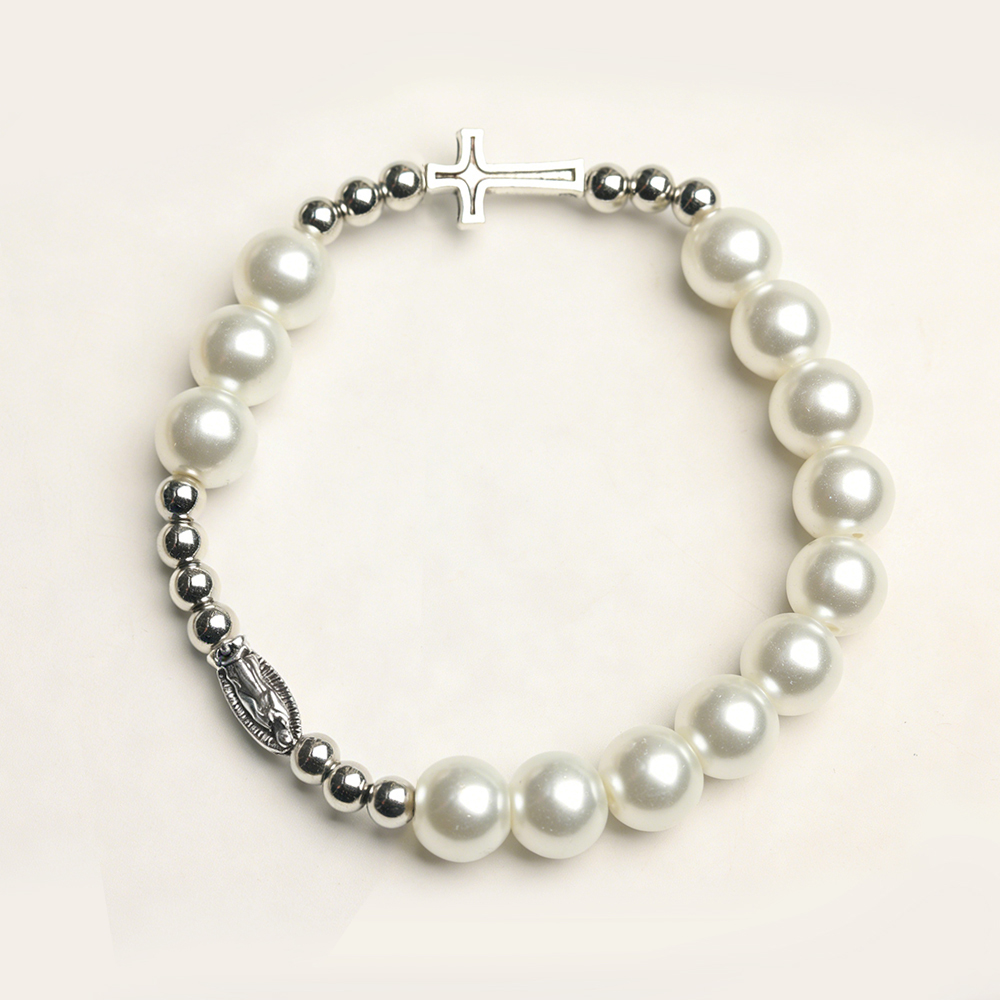 Pearl Virgin Mary Cross Bracelet - Catholic Zinc Alloy Religious Gift