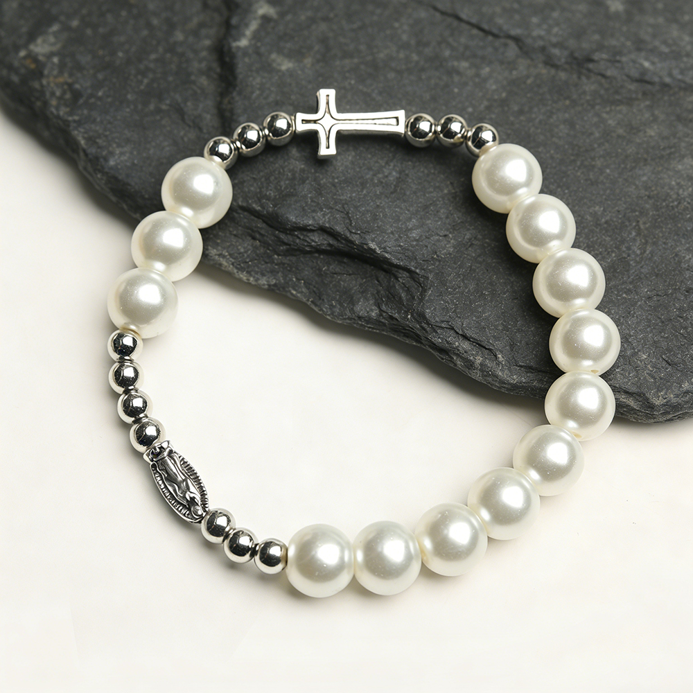 Pearl Virgin Mary Cross Bracelet - Catholic Zinc Alloy Religious Gift