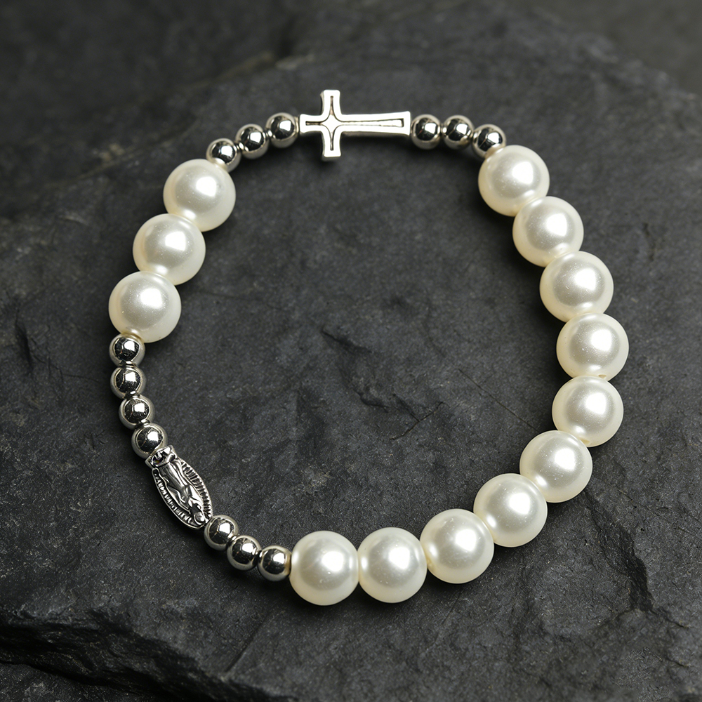 Pearl Virgin Mary Cross Bracelet - Catholic Zinc Alloy Religious Gift