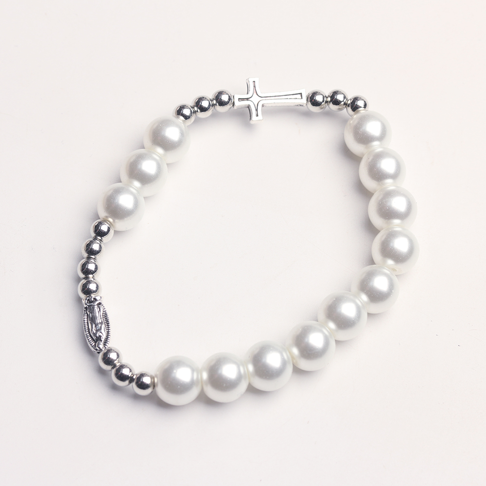 Pearl Virgin Mary Cross Bracelet - Catholic Zinc Alloy Religious Gift