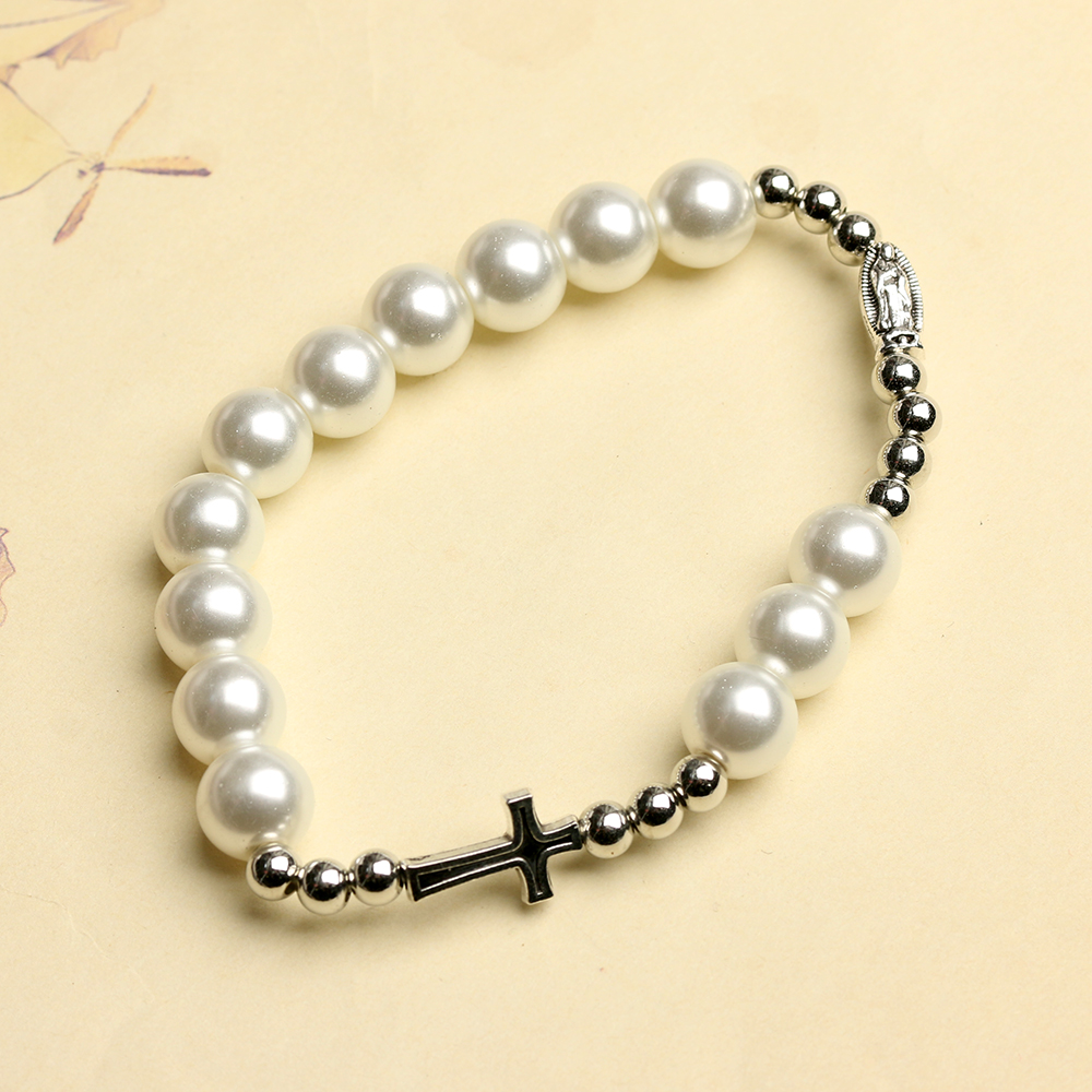 Pearl Virgin Mary Cross Bracelet - Catholic Zinc Alloy Religious Gift