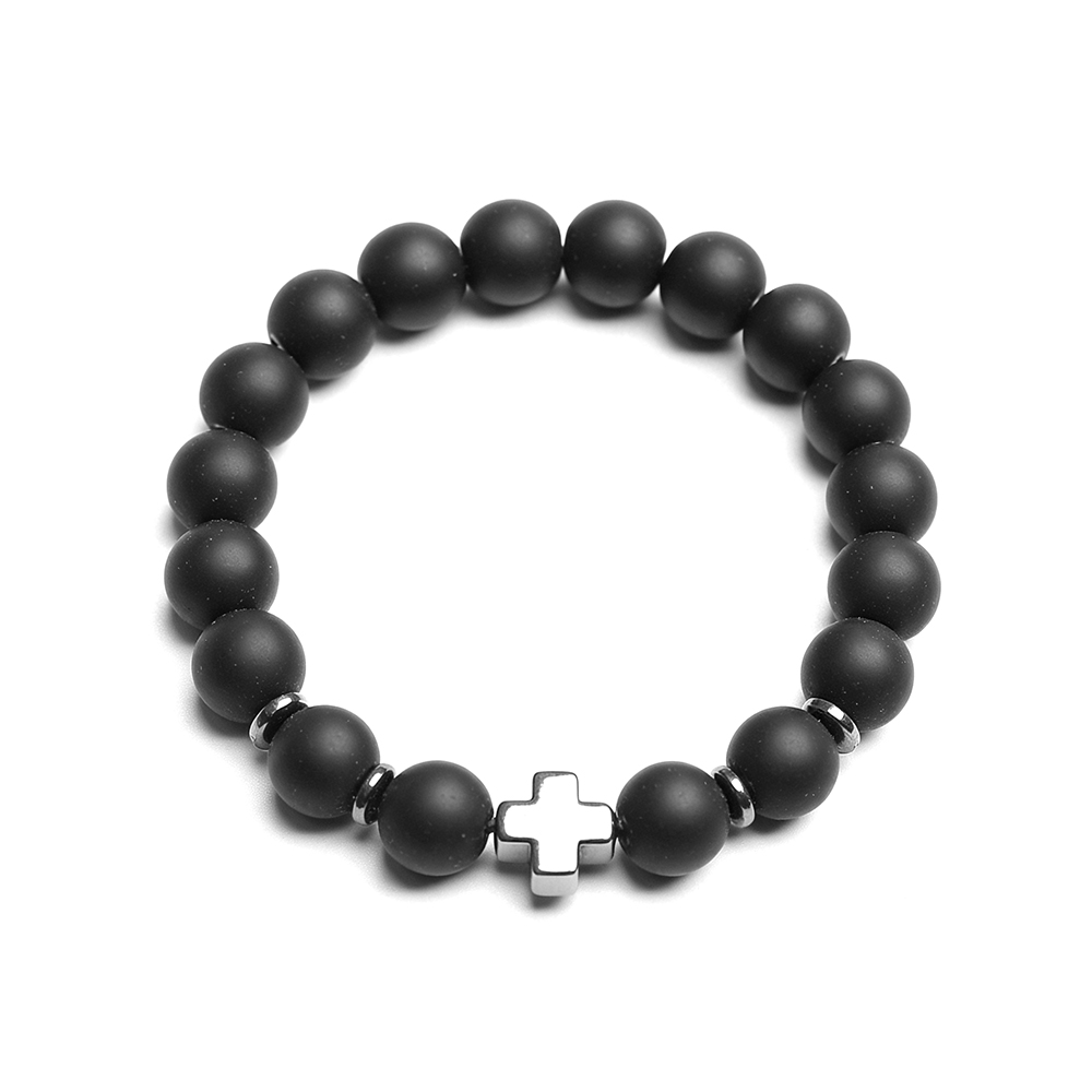 Frosted Glass Hematite Wenge Wood Cross Bracelet - Catholic Religious Gift