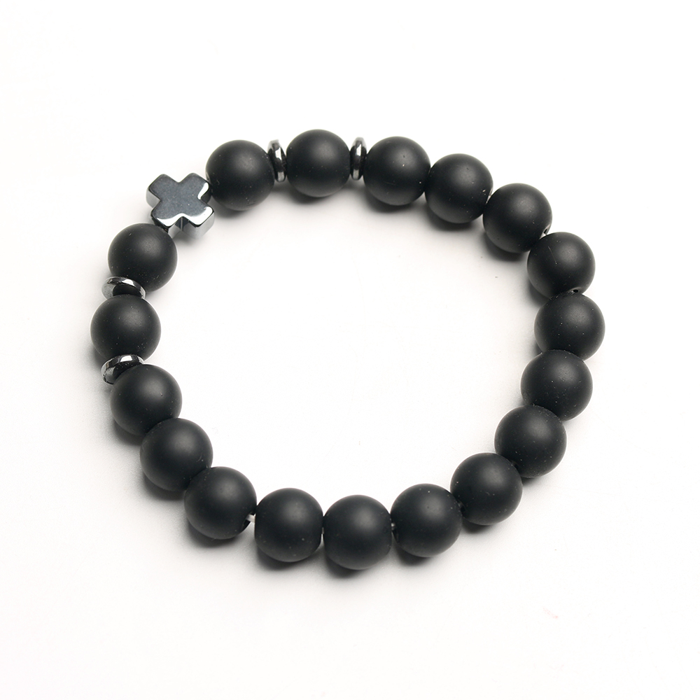 Frosted Glass Hematite Wenge Wood Cross Bracelet - Catholic Religious Gift