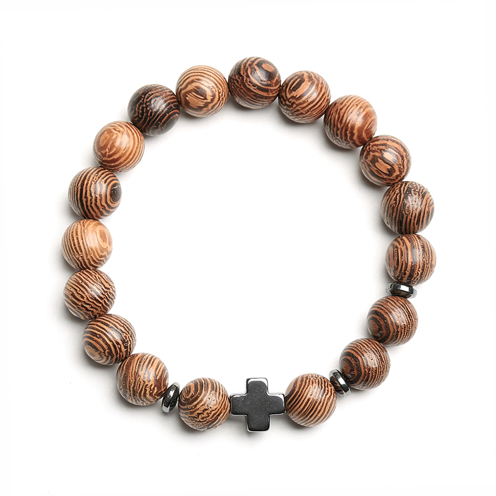 Frosted Glass Hematite Wenge Wood Cross Bracelet - Catholic Religious Gift