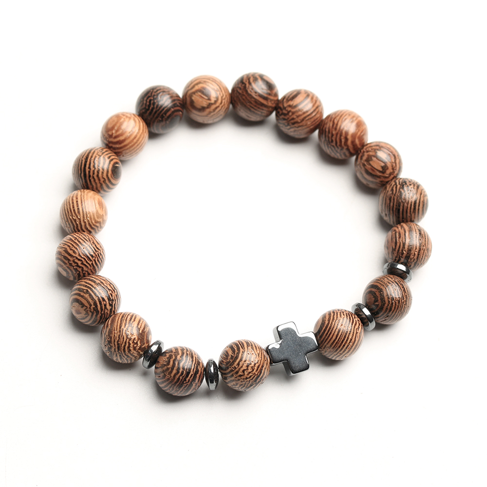 Frosted Glass Hematite Wenge Wood Cross Bracelet - Catholic Religious Gift