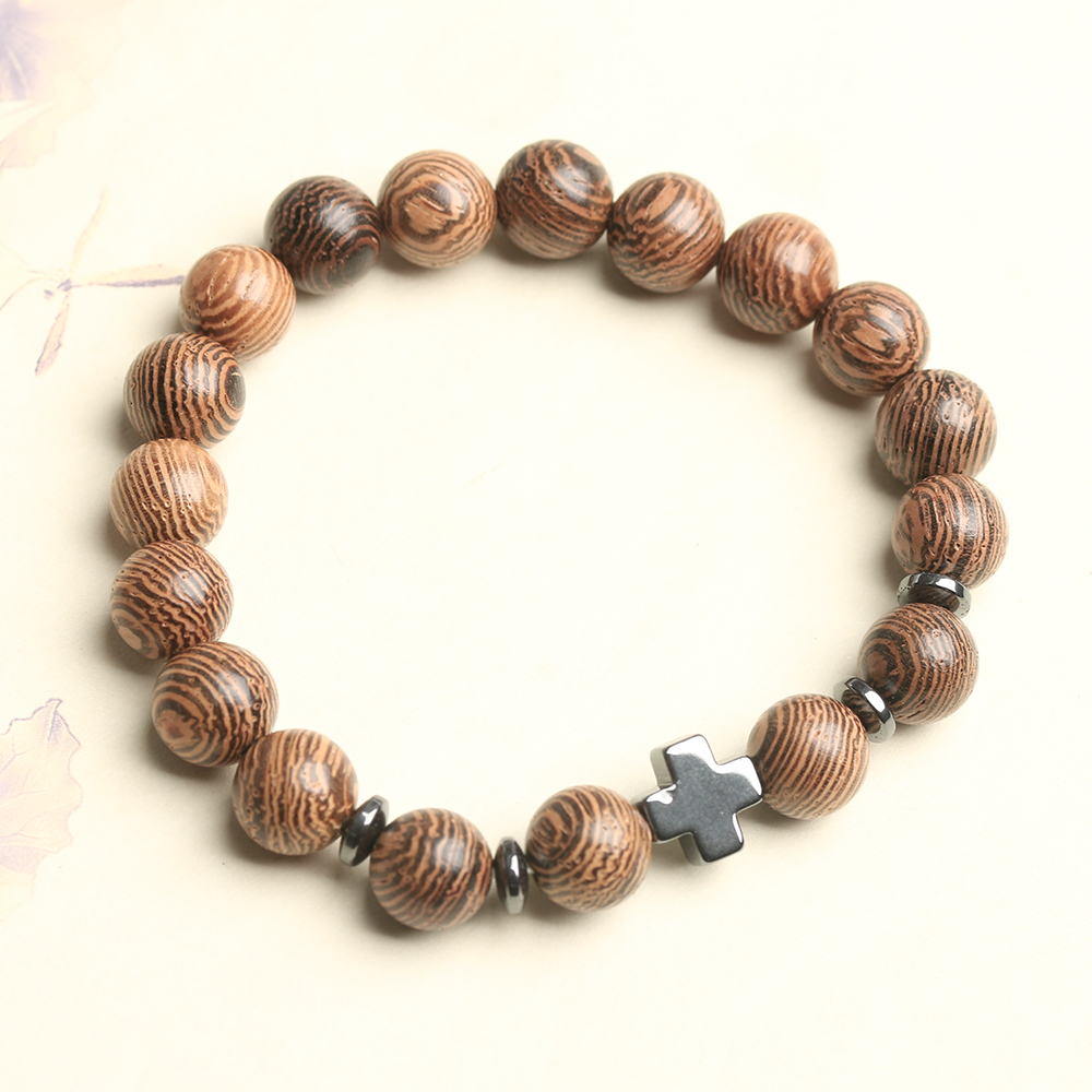 Frosted Glass Hematite Wenge Wood Cross Bracelet - Catholic Religious Gift